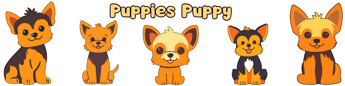 PuppiesPuppy.com - Cute puppy illustrations in warm yellow-orange tones with site title.